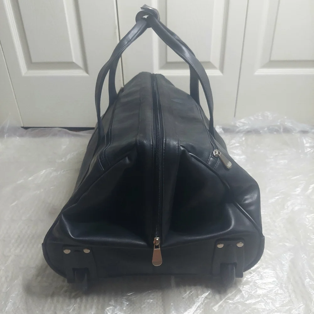 Leather Black Duffel Carry On With Wheels! Travel Bag!
